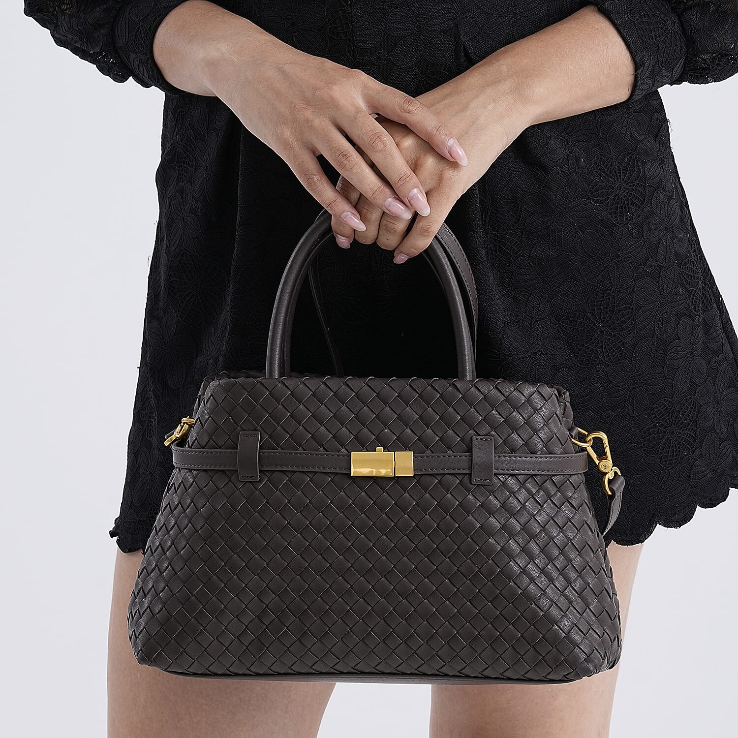 Designer Inspired - La Marey Woven Pattern Genuine Leather Crossbody Bag with Top Handle - Coffee