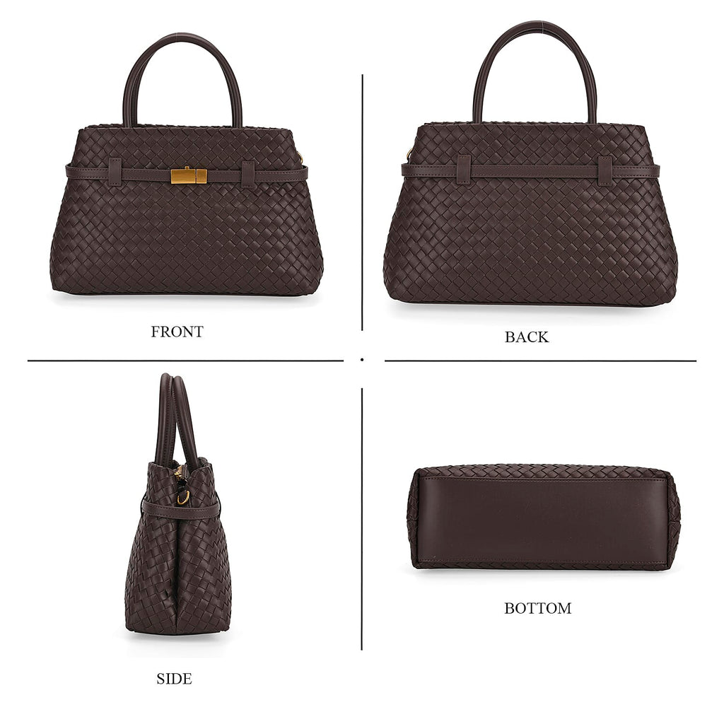 Designer Inspired - La Marey Woven Pattern Genuine Leather Crossbody Bag with Top Handle - Coffee