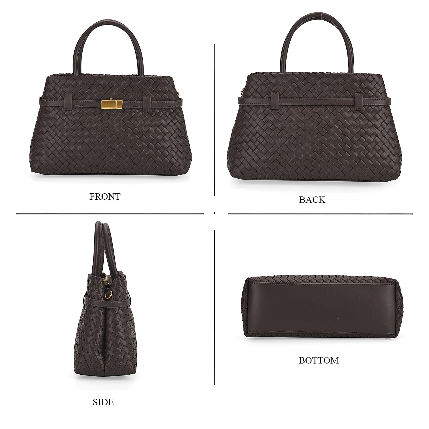 Designer Inspired - La Marey Woven Pattern Genuine Leather Crossbody Bag with Top Handle - Coffee