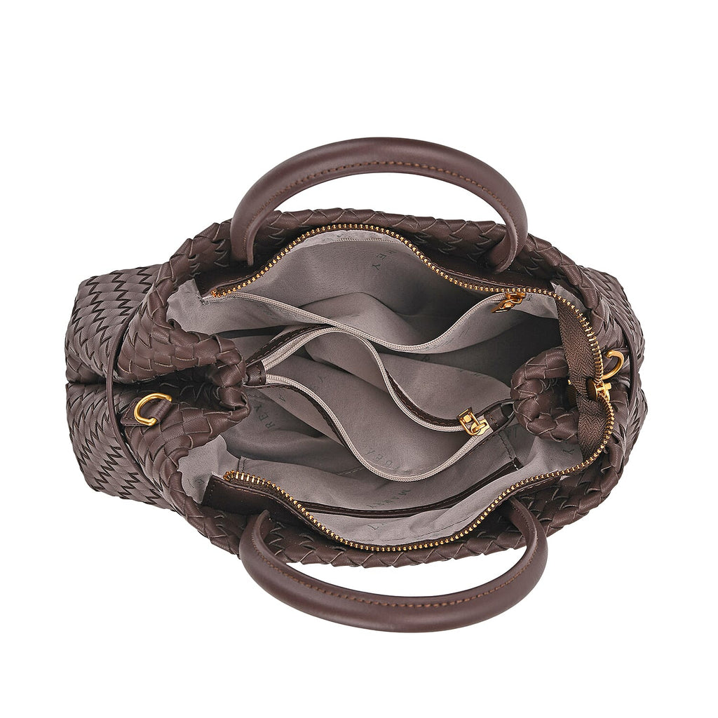 Designer Inspired - La Marey Woven Pattern Genuine Leather Crossbody Bag with Top Handle - Coffee