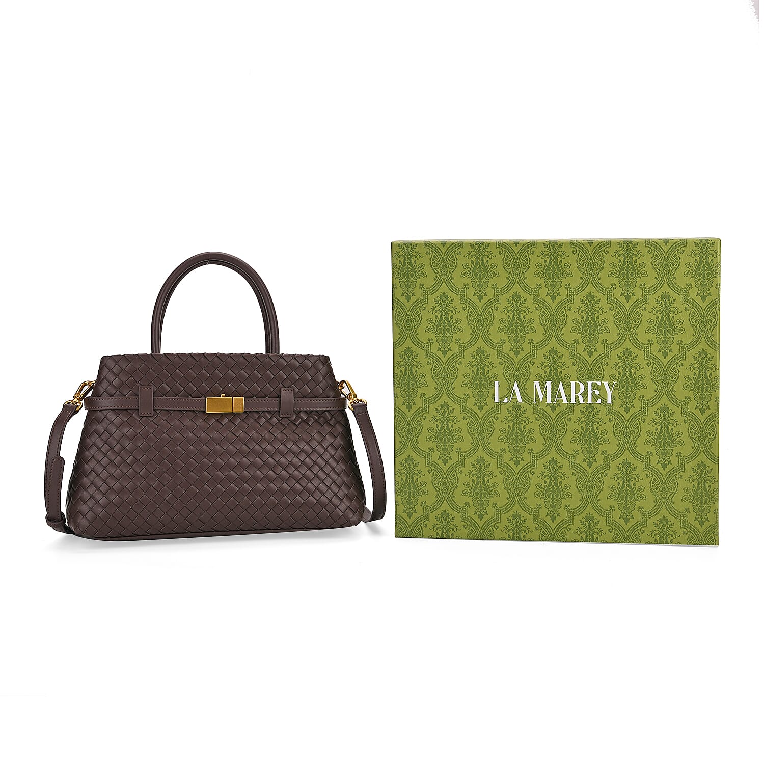 Designer Inspired - La Marey Woven Pattern Genuine Leather Crossbody Bag with Top Handle - Coffee