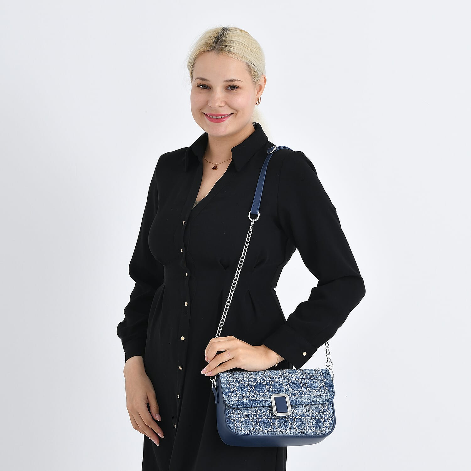 LA MAREY Designer Sling Handbag with Elegant Silver-Tone Chain Strap - Denim Blue