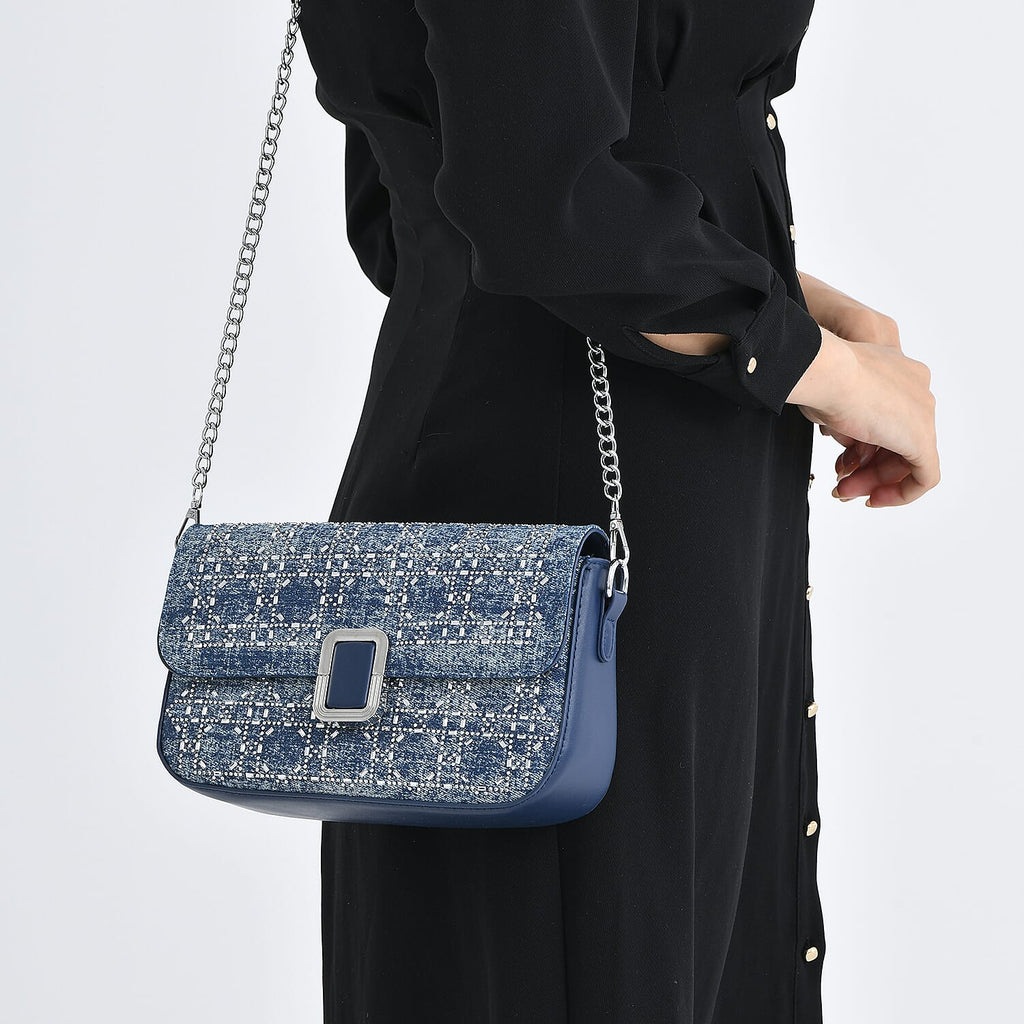 LA MAREY Designer Sling Handbag with Elegant Silver-Tone Chain Strap - Denim Blue