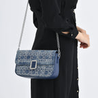LA MAREY Designer Sling Handbag with Elegant Silver-Tone Chain Strap - Denim Blue