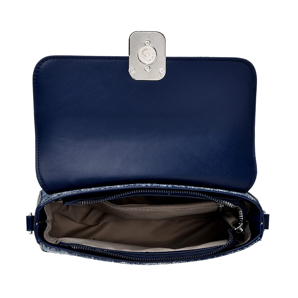 LA MAREY Designer Sling Handbag with Elegant Silver-Tone Chain Strap - Denim Blue
