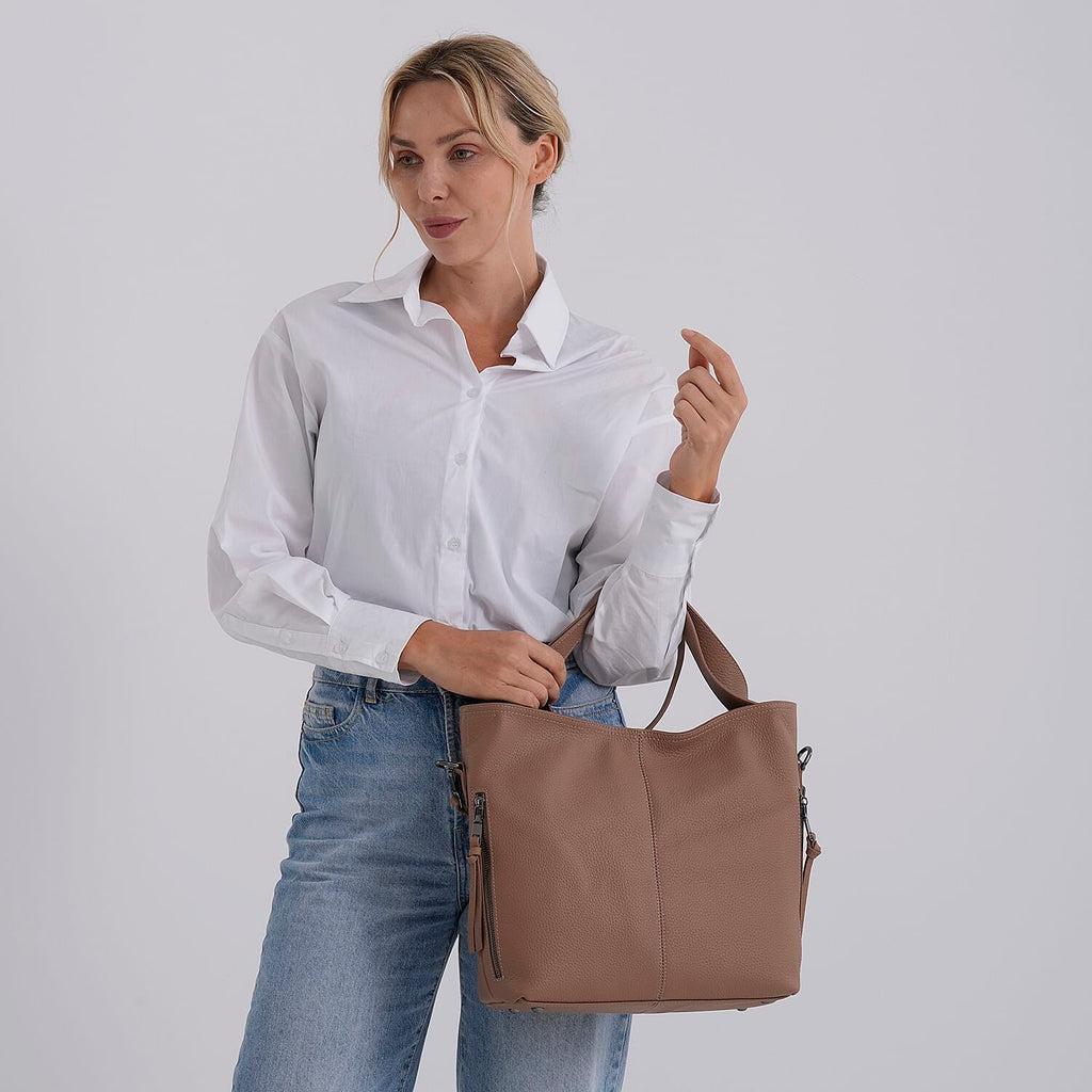 Valissiere Genuine Leather Top Handle Shoulder Bag With Detachable Crossbody Strap - Khaki