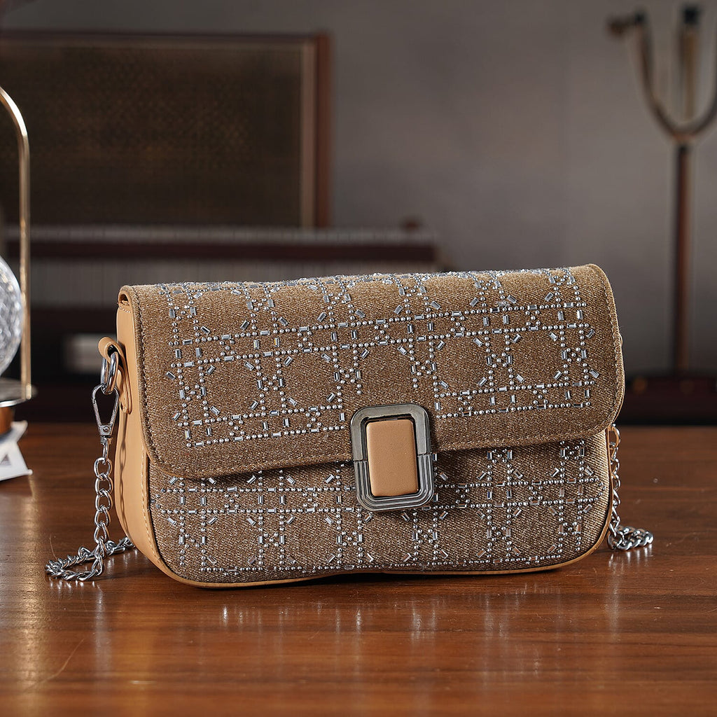 LA MAREY Designer Sling Handbag with Elegant Silver-Tone Chain Strap - Khaki