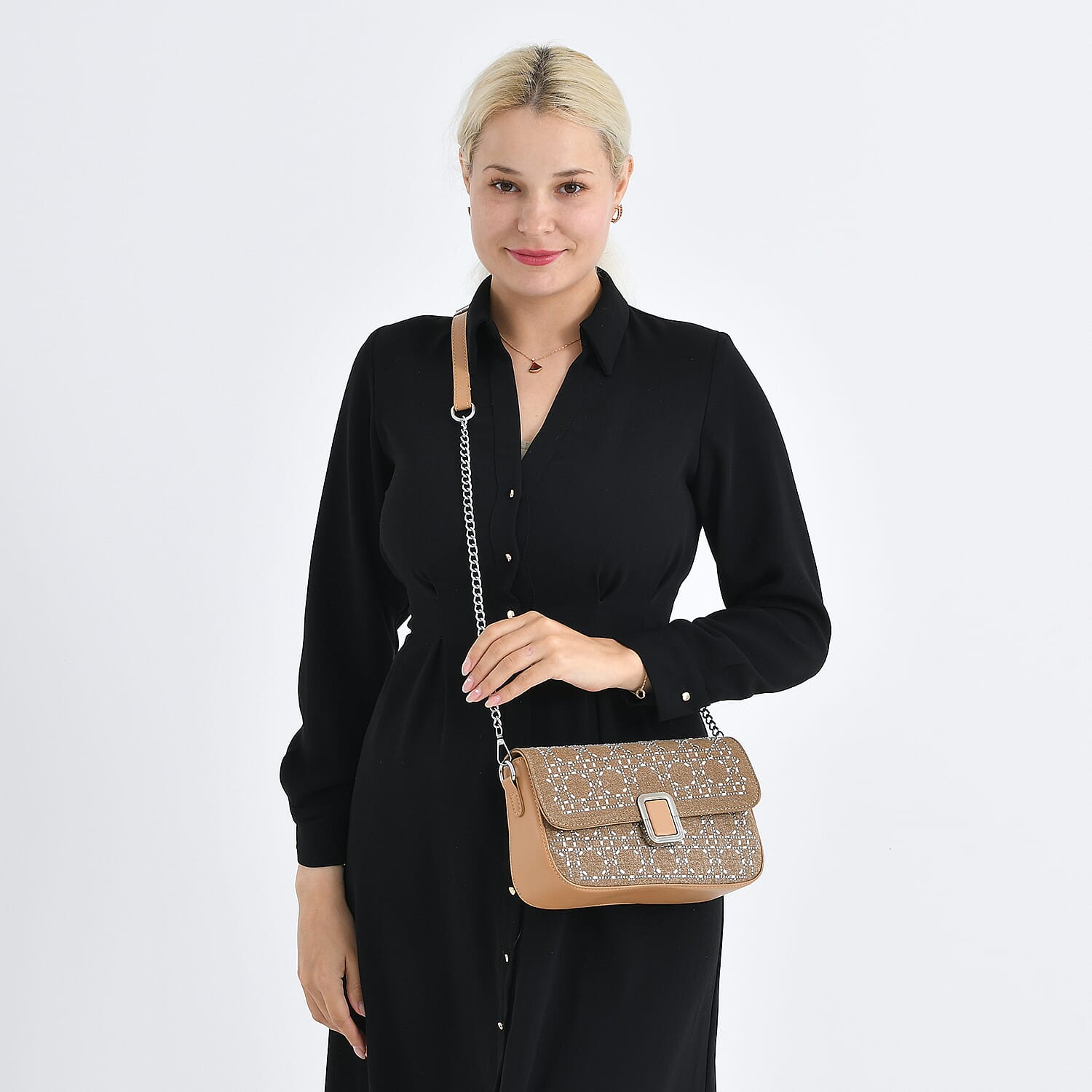 LA MAREY Designer Sling Handbag with Elegant Silver-Tone Chain Strap - Khaki