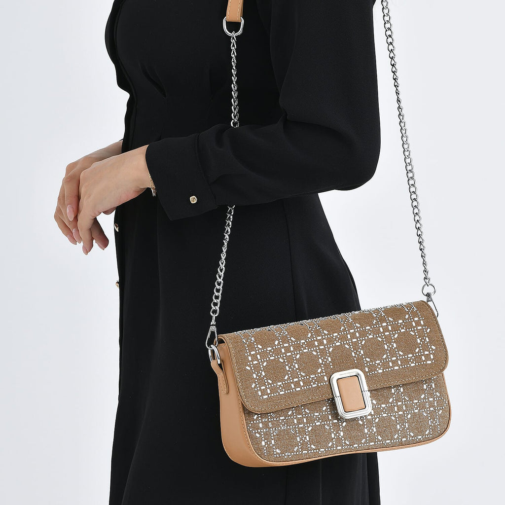LA MAREY Designer Sling Handbag with Elegant Silver-Tone Chain Strap - Khaki