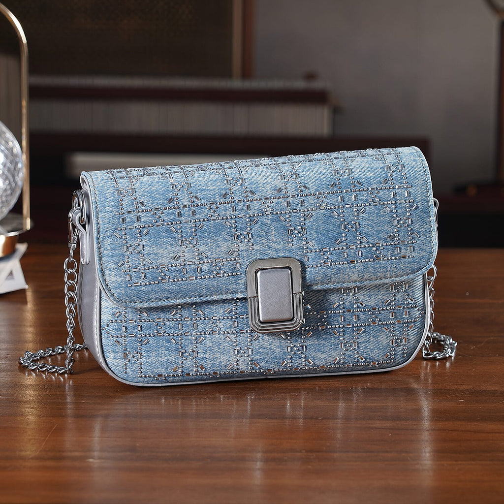LA MAREY Designer Sling Handbag with Elegant Silver-Tone Chain Strap - Light Blue