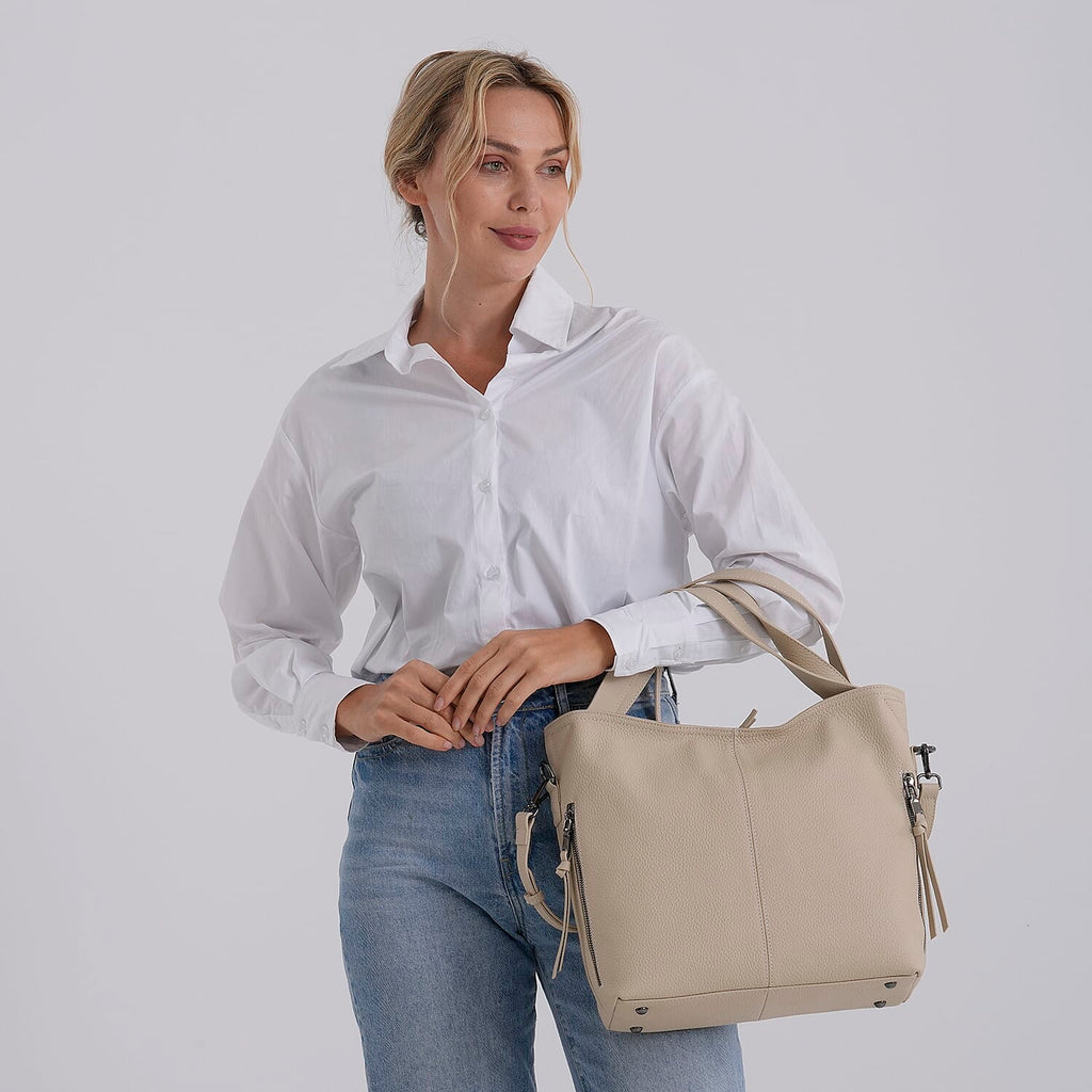 Valissiere Genuine Leather Top Handle Shoulder Bag With Detachable Crossbody Strap - Off White