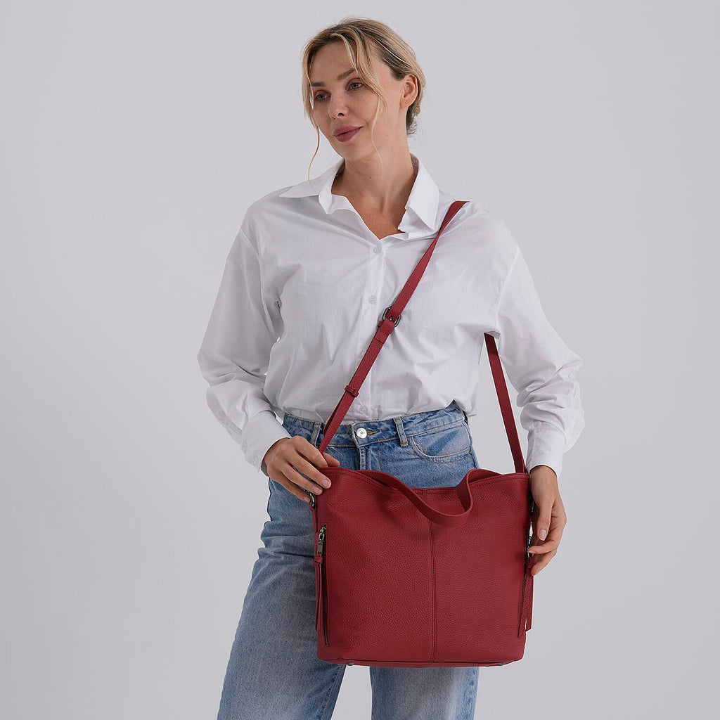 Valissiere Genuine Leather Top Handle Shoulder Bag With Detachable Crossbody Strap - Red