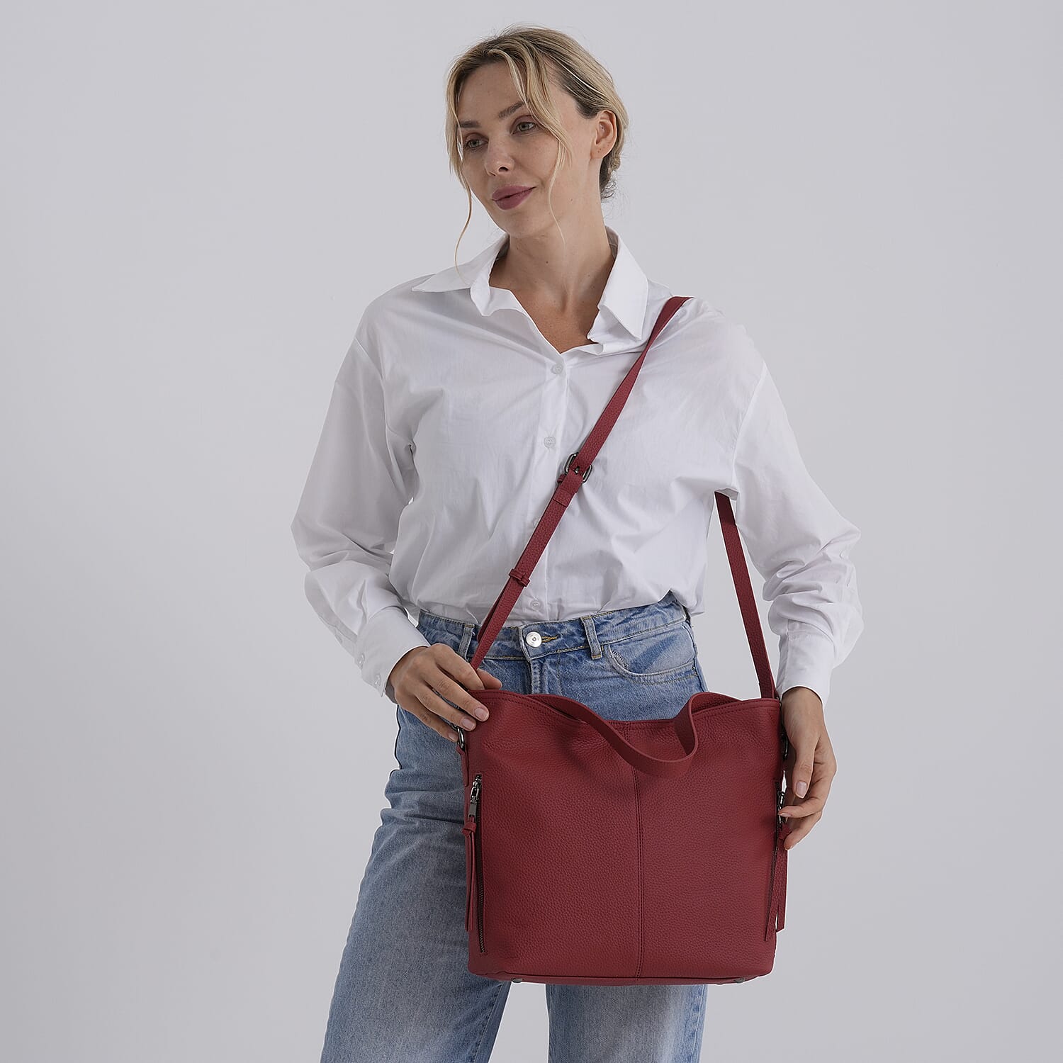 Valissiere Genuine Leather Top Handle Shoulder Bag With Detachable Crossbody Strap - Red