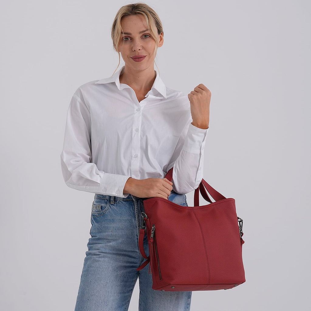 Valissiere Genuine Leather Top Handle Shoulder Bag With Detachable Crossbody Strap - Red