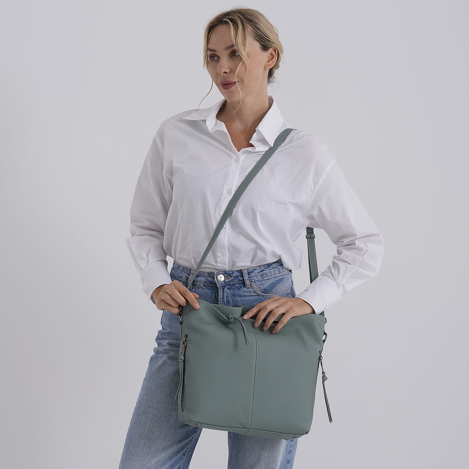 Valissiere Genuine Leather Top Handle Shoulder Bag With Detachable Crossbody Strap - Teal