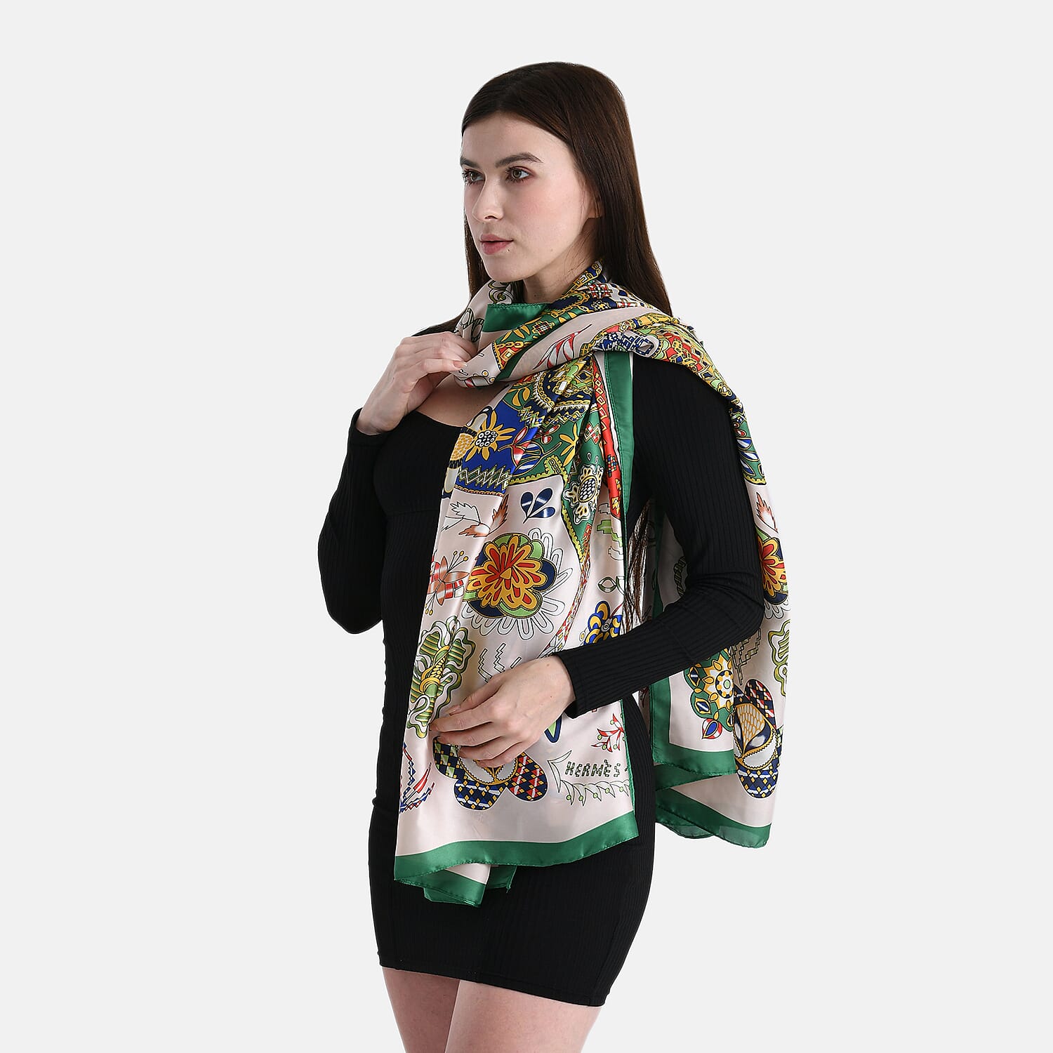 La Marey Elegant Horse Pattern Satin Scarf (180x80cm) - White