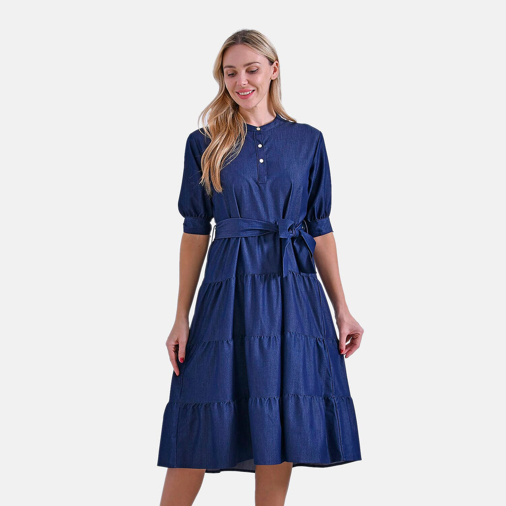-Maisi Elegant Midi Dress with Mandarin Collar, Puff Sleeves - Waist Tie (Size S) - Dark Blue