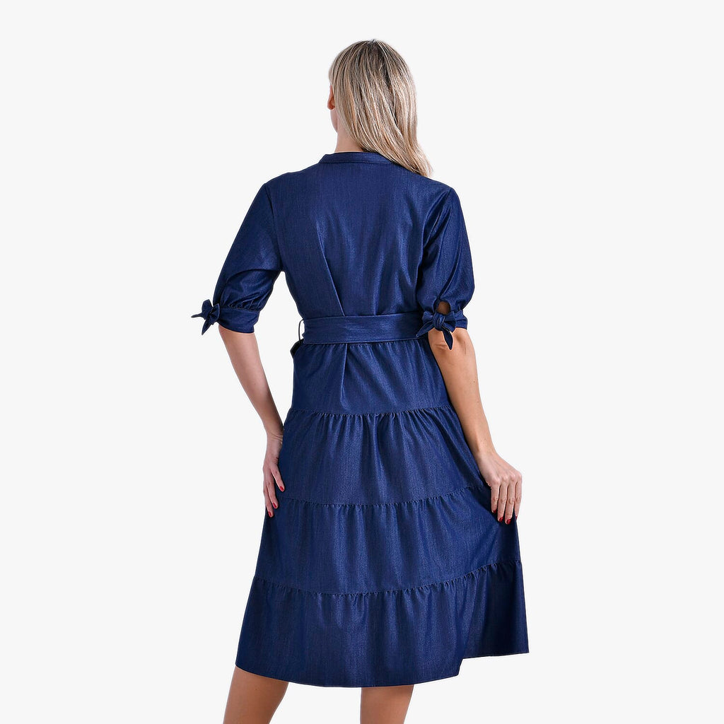 -Maisi Elegant Midi Dress with Mandarin Collar, Puff Sleeves - Waist Tie (Size S) - Dark Blue