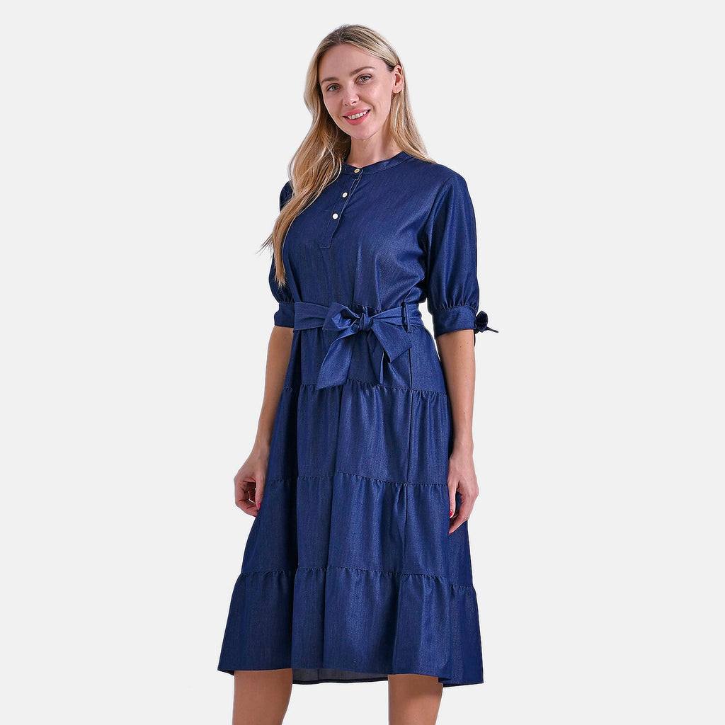 -Maisi Elegant Midi Dress with Mandarin Collar, Puff Sleeves - Waist Tie (Size S) - Dark Blue