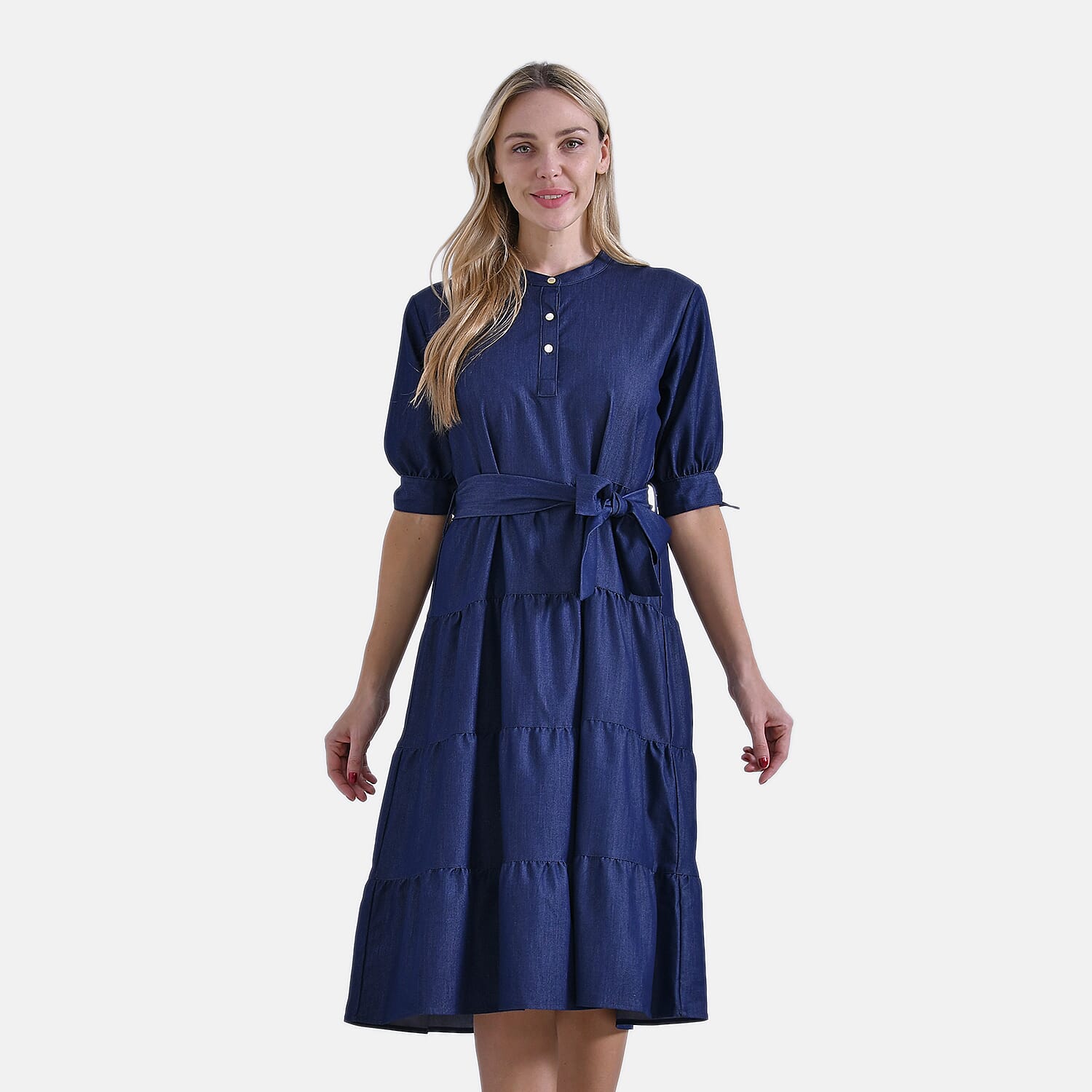 -Maisi Elegant Midi Dress with Mandarin Collar, Puff Sleeves - Waist Tie (Size S) - Dark Blue