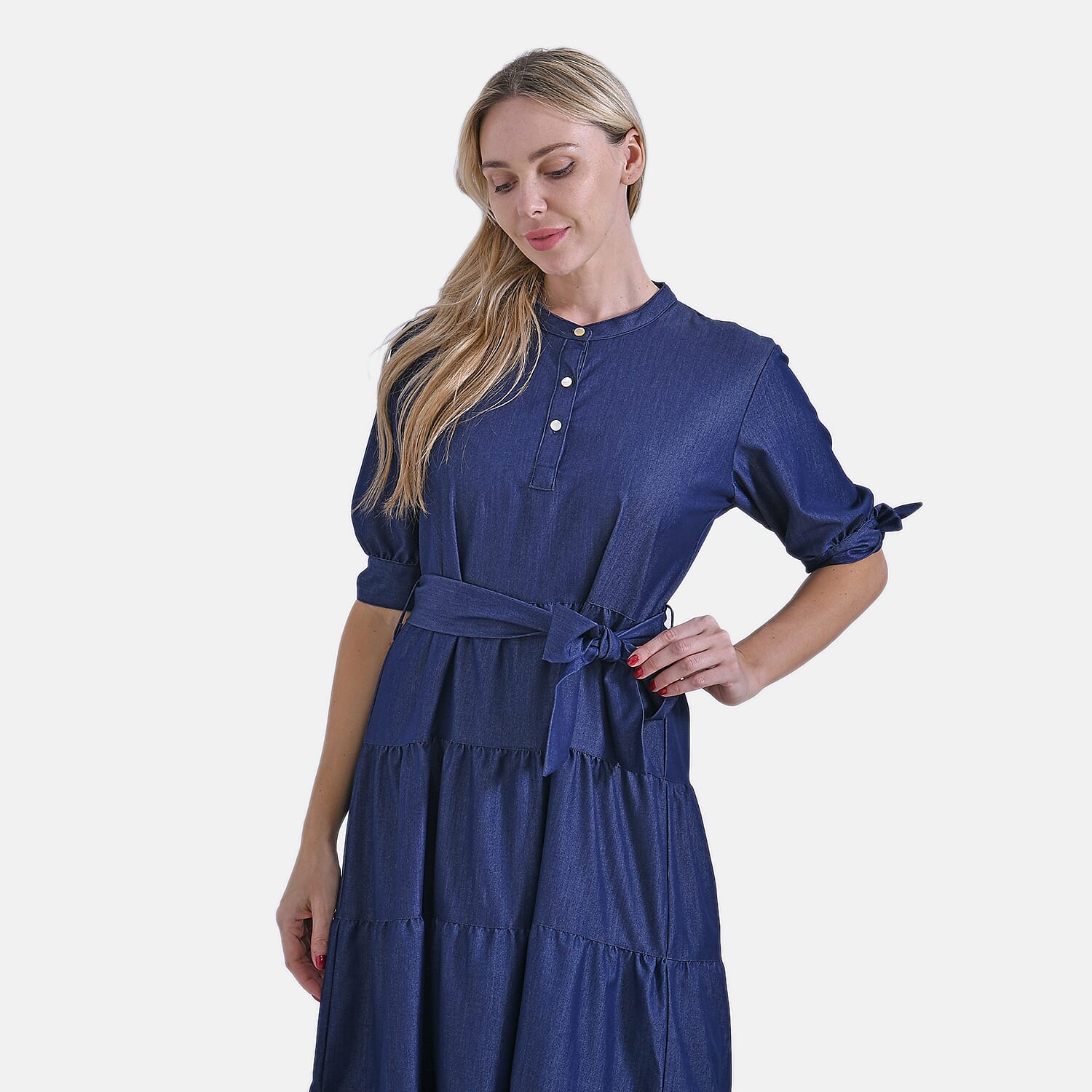 -Maisi Elegant Midi Dress with Mandarin Collar, Puff Sleeves - Waist Tie (Size S) - Dark Blue