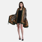 La Marey Elegant Printed Satin Scarf (180x80cm) - Black & Beige