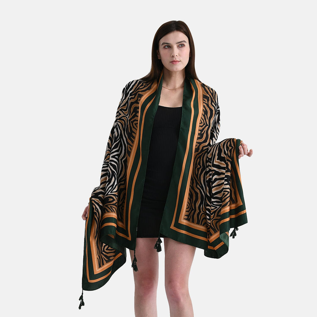 La Marey Elegant Printed Satin Scarf (180x80cm) - Black & Beige
