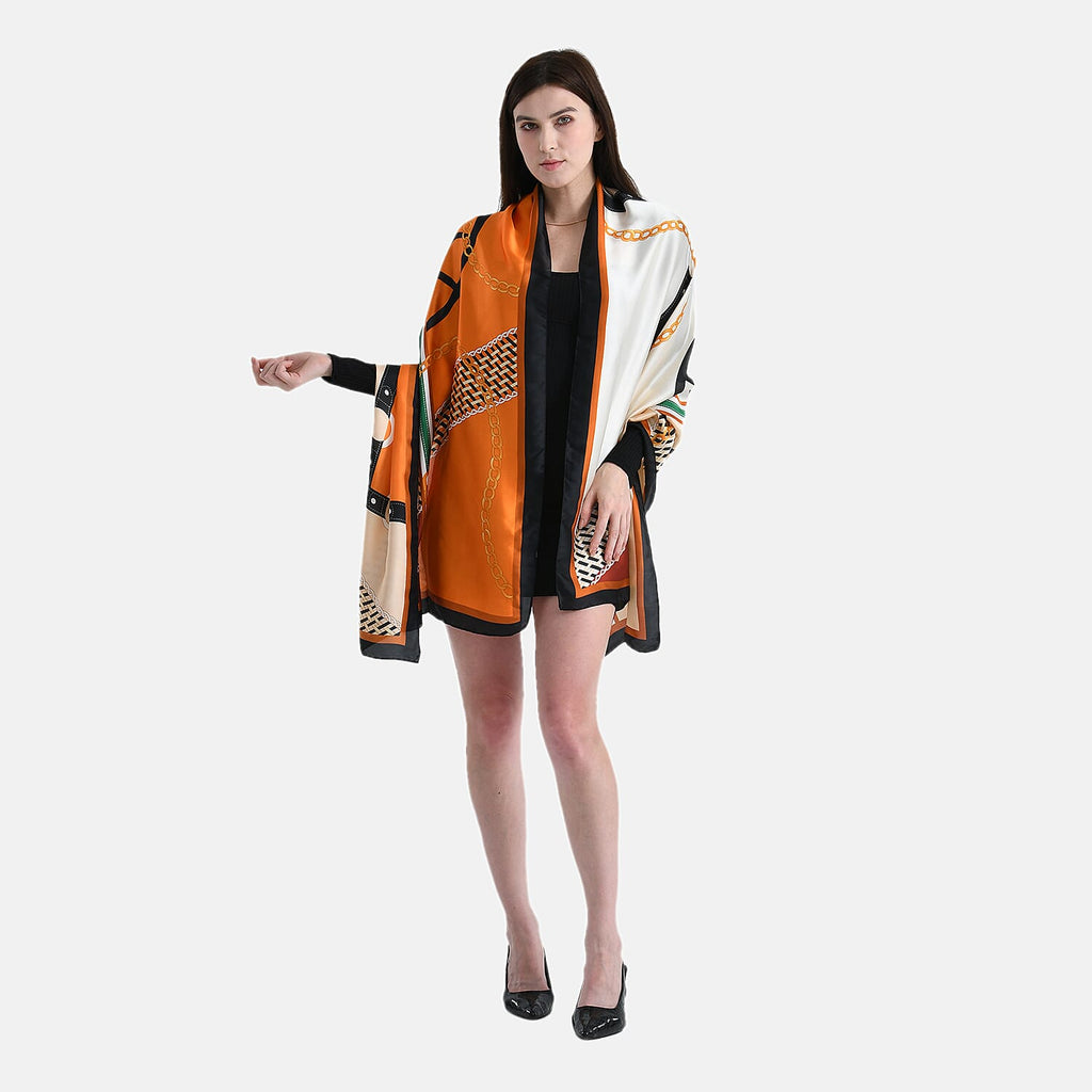 La Marey Elegant Printed Satin Scarf (180x80cm) - Orange & Beige