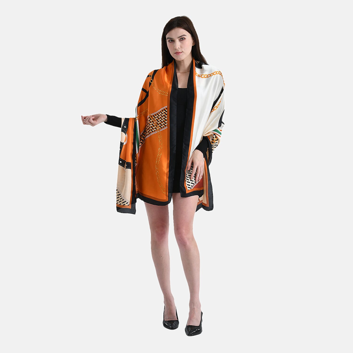 La Marey Elegant Printed Satin Scarf (180x80cm) - Orange & Beige