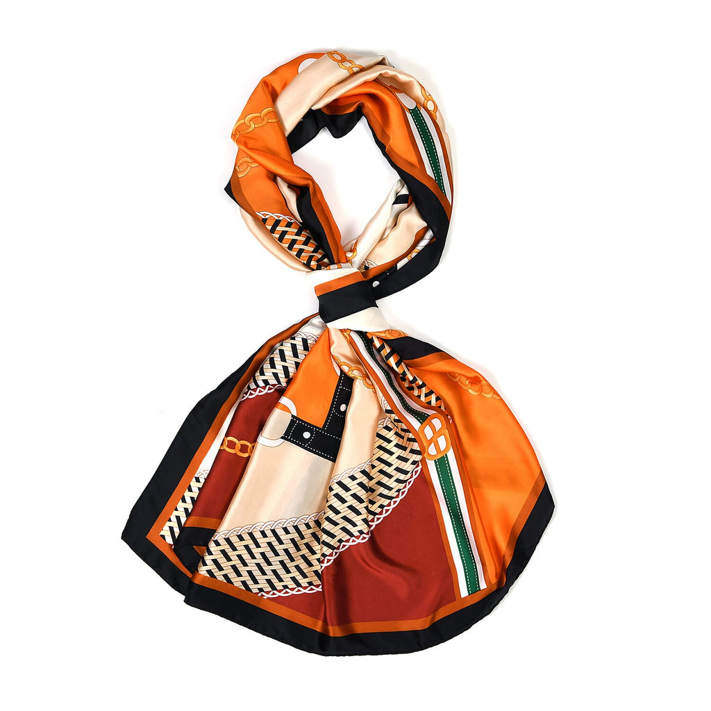 La Marey Elegant Printed Satin Scarf (180x80cm) - Orange & Beige