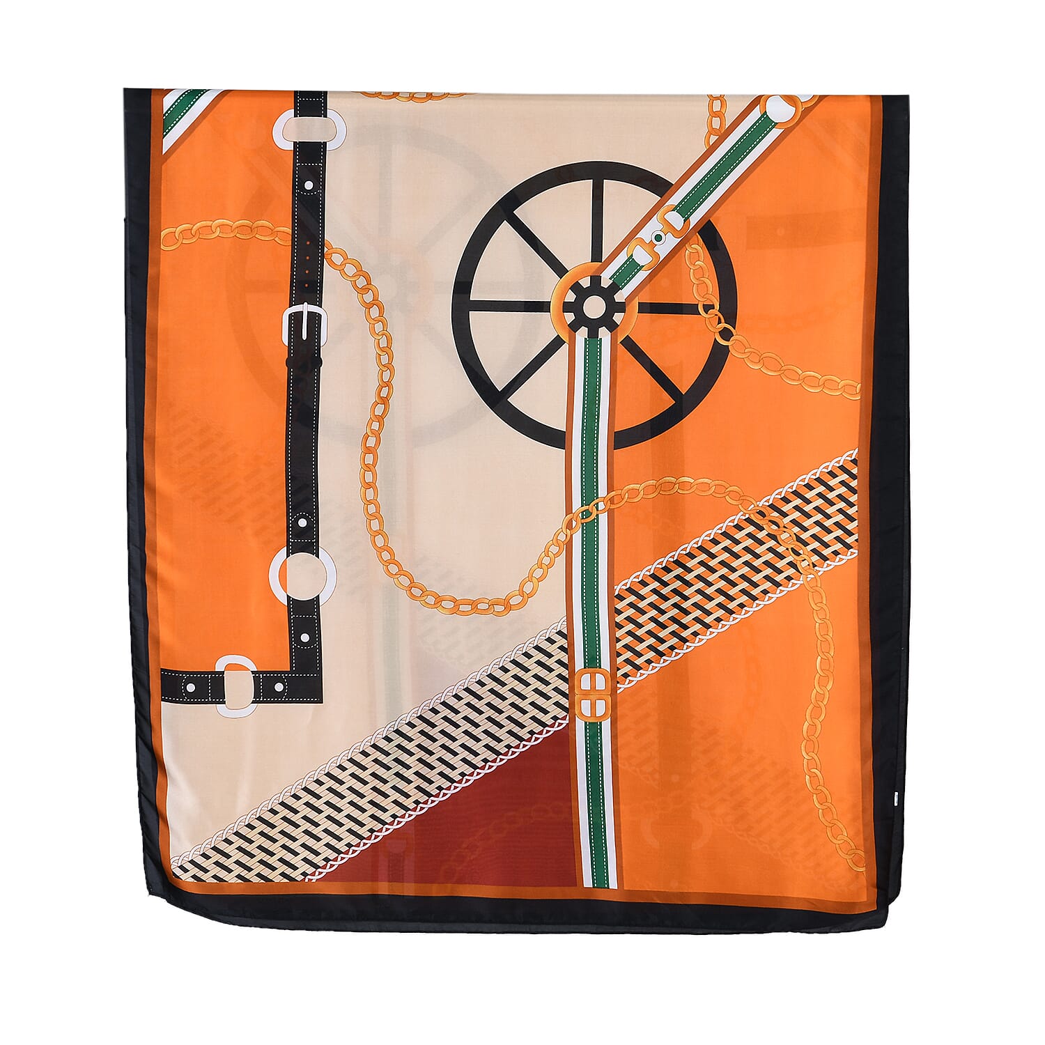La Marey Elegant Printed Satin Scarf (180x80cm) - Orange & Beige