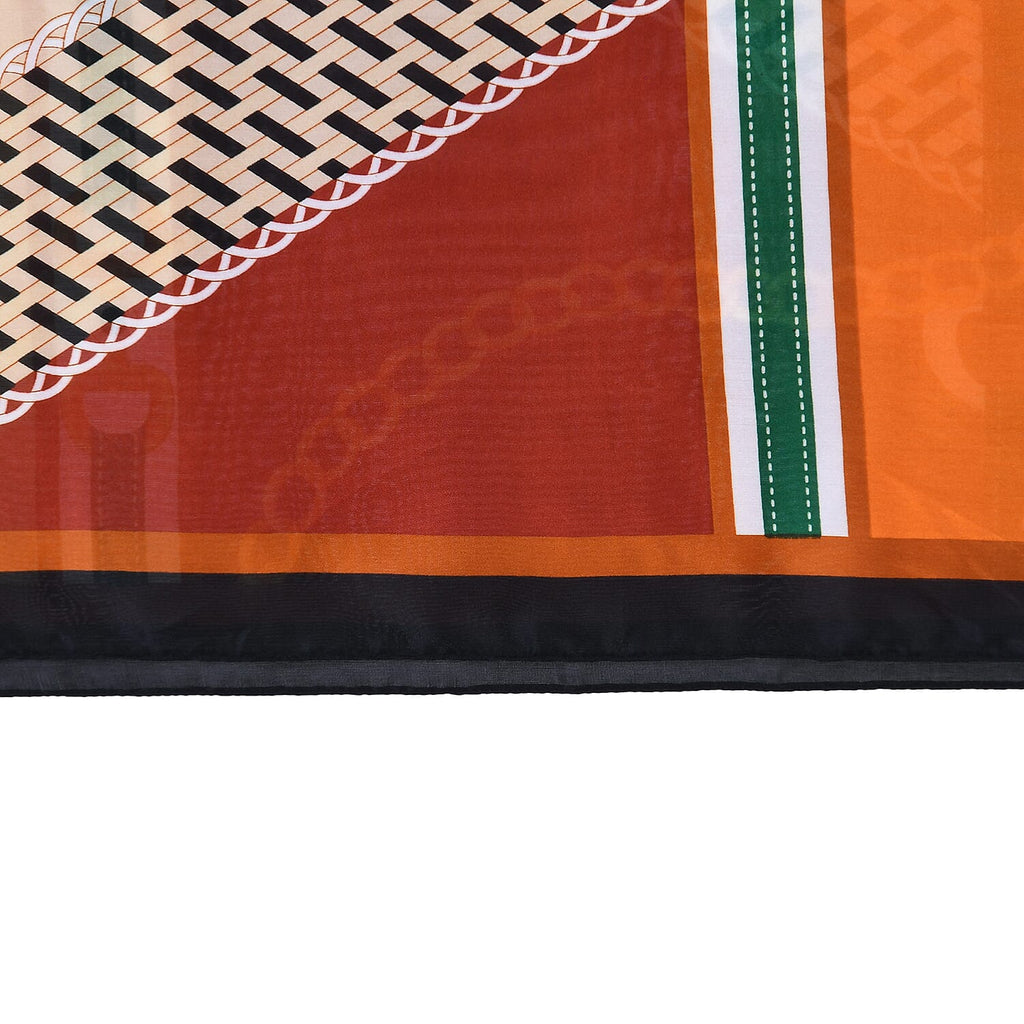 La Marey Elegant Printed Satin Scarf (180x80cm) - Orange & Beige