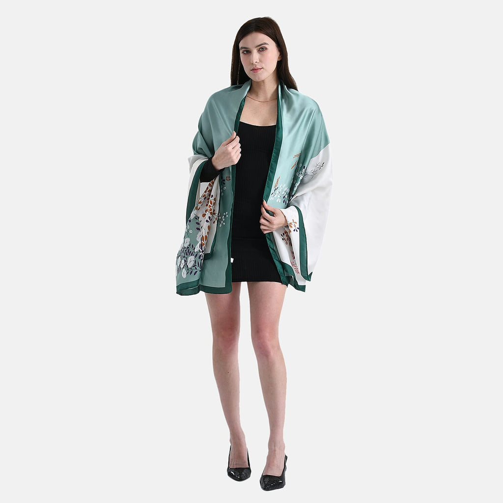 La Marey Elegant Printed Satin Scarf (180x80cm) - White & Green