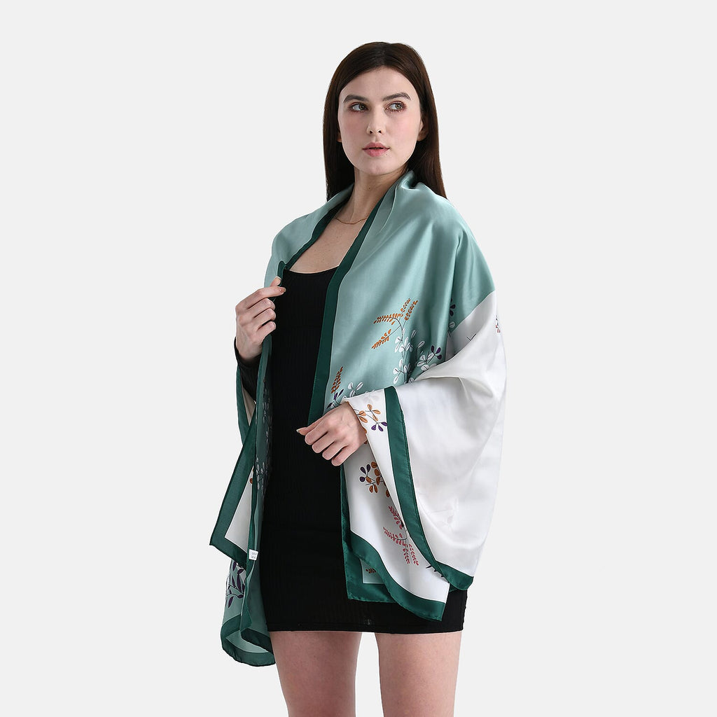 La Marey Elegant Printed Satin Scarf (180x80cm) - White & Green