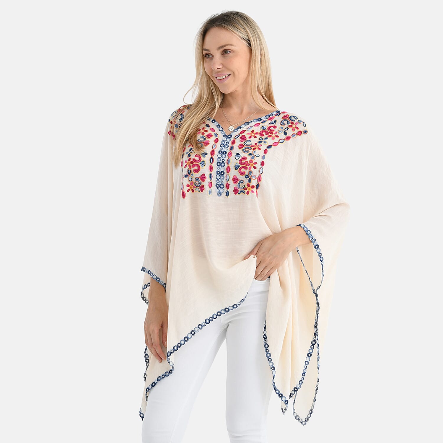La Marey Cotton Blend Embroidered Kaftan Top with Contrast Trim (One Size) - Beige & Multicolour