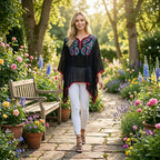 La Marey Cotton Blend Embroidered Kaftan Top with Contrast Trim (One Size) - Black & Multi