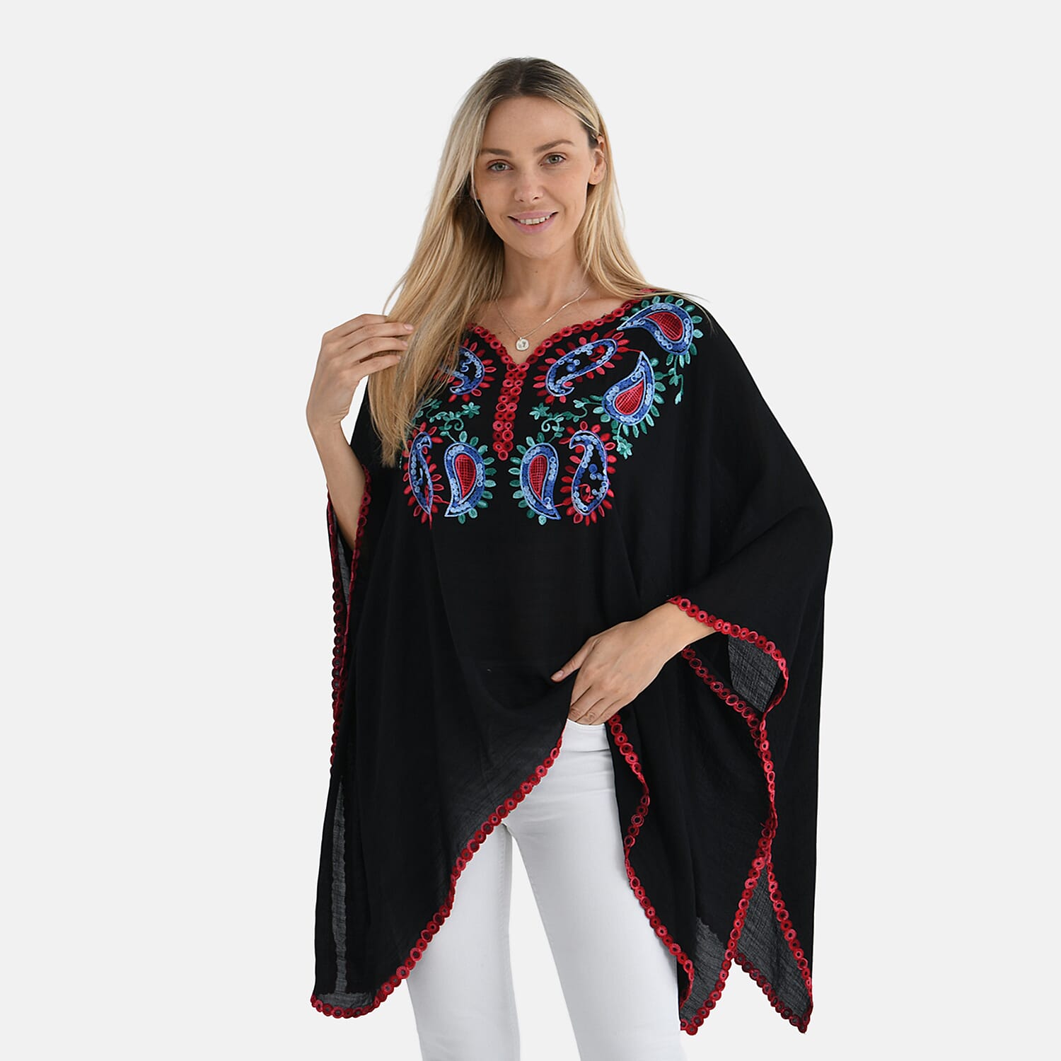 La Marey Cotton Blend Embroidered Kaftan Top with Contrast Trim (One Size) - Black & Multi
