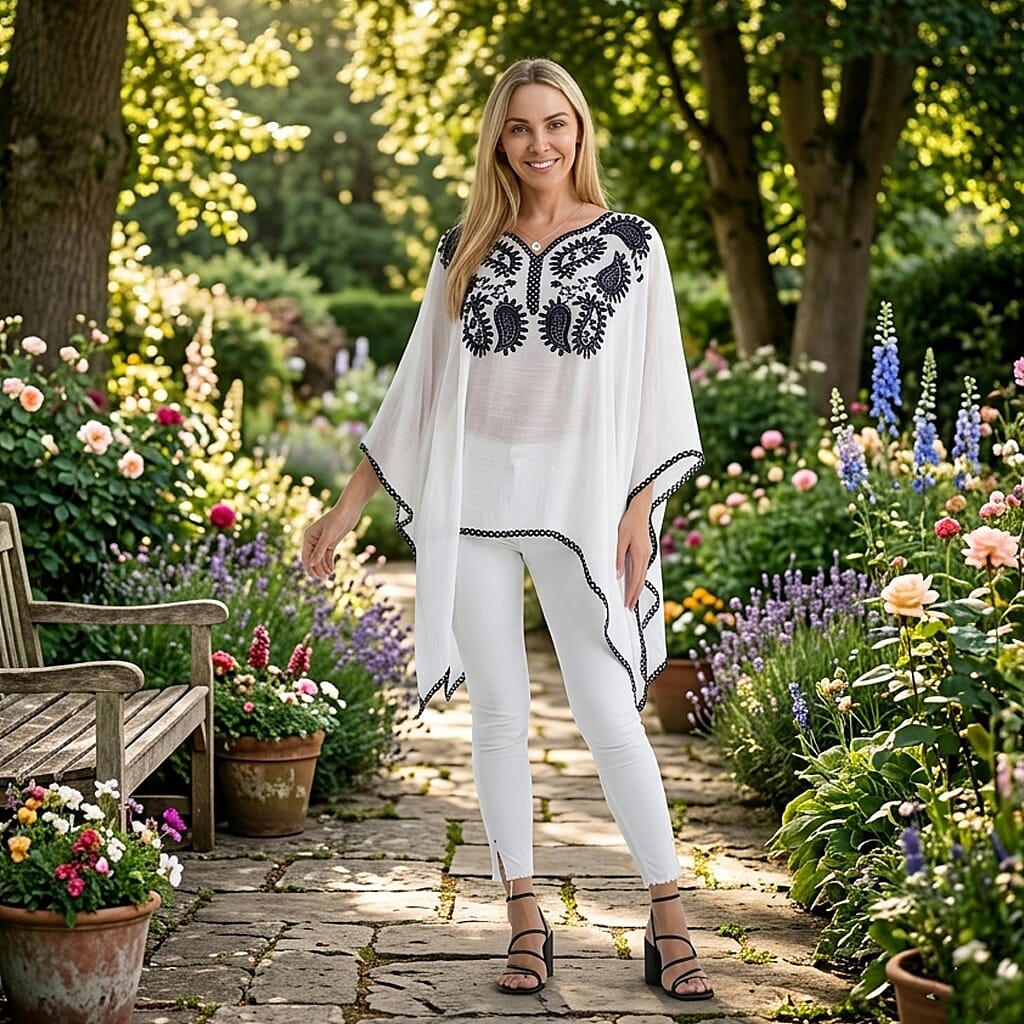 La Marey Cotton Blend Embroidered Kaftan Top with Contrast Trim (One Size) - White