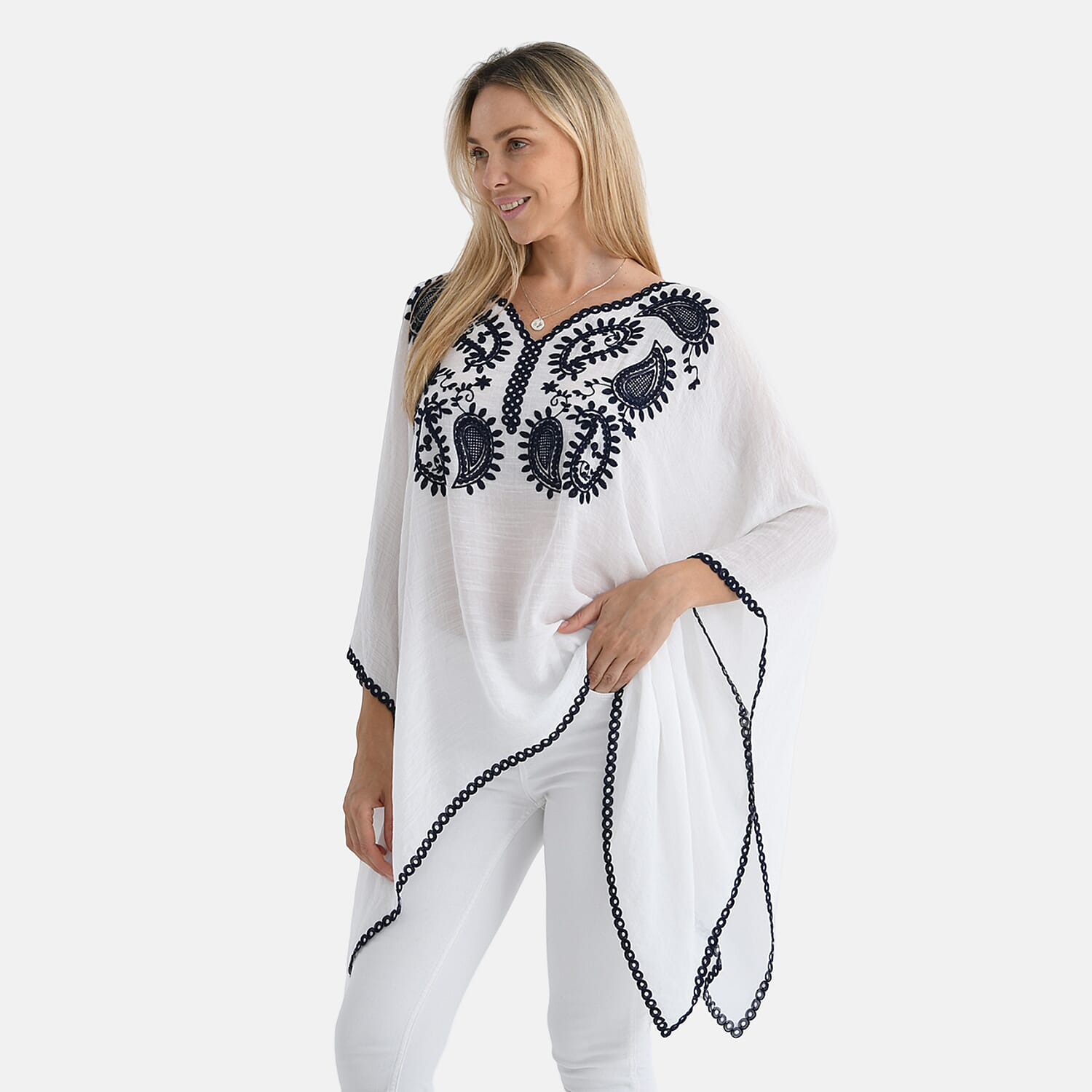La Marey Cotton Blend Embroidered Kaftan Top with Contrast Trim (One Size) - White