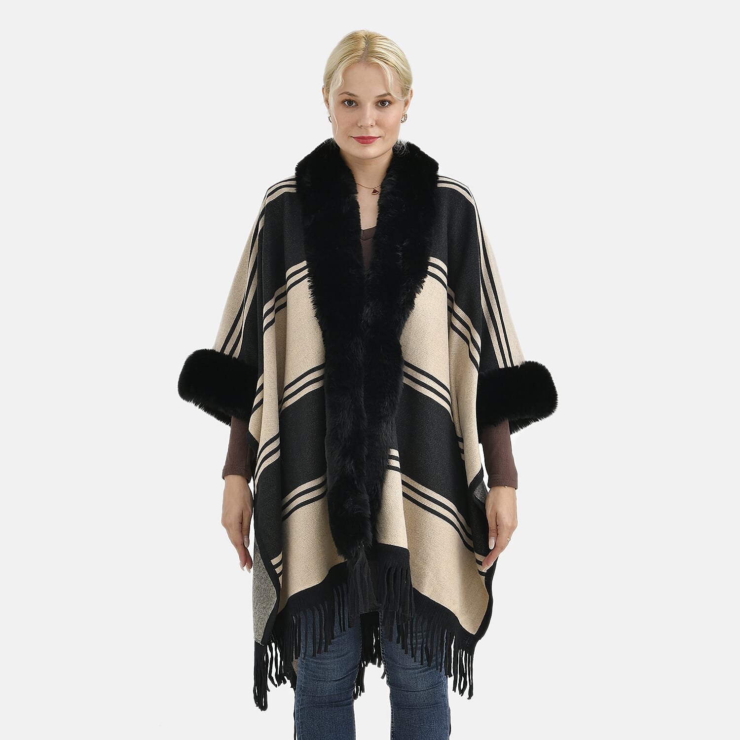 La Marey Faux Fur Trim Striped Poncho (One Size) - Black - White