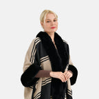 La Marey Faux Fur Trim Striped Poncho (One Size) - Black - White