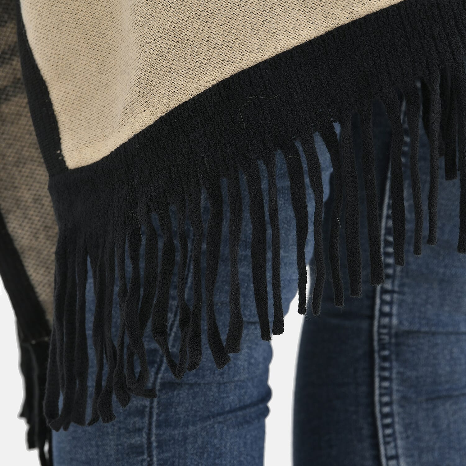 La Marey Faux Fur Trim Striped Poncho (One Size) - Black - White