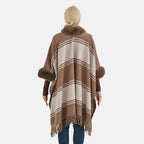 La Marey Faux Fur Trim Striped Poncho (One Size) - Brown - White