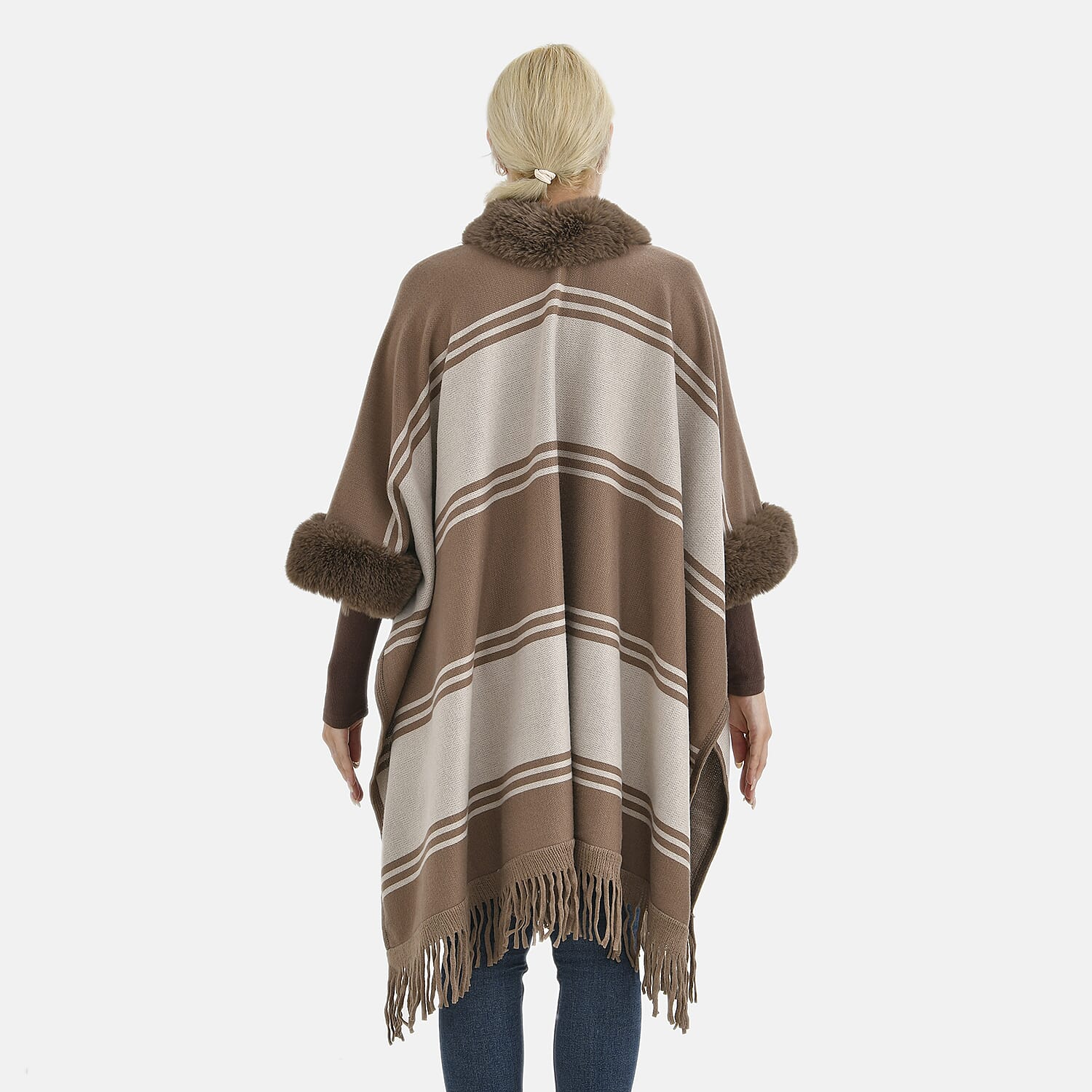 La Marey Faux Fur Trim Striped Poncho (One Size) - Brown - White