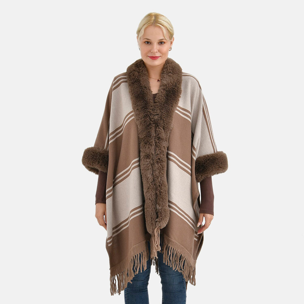 La Marey Faux Fur Trim Striped Poncho (One Size) - Brown - White