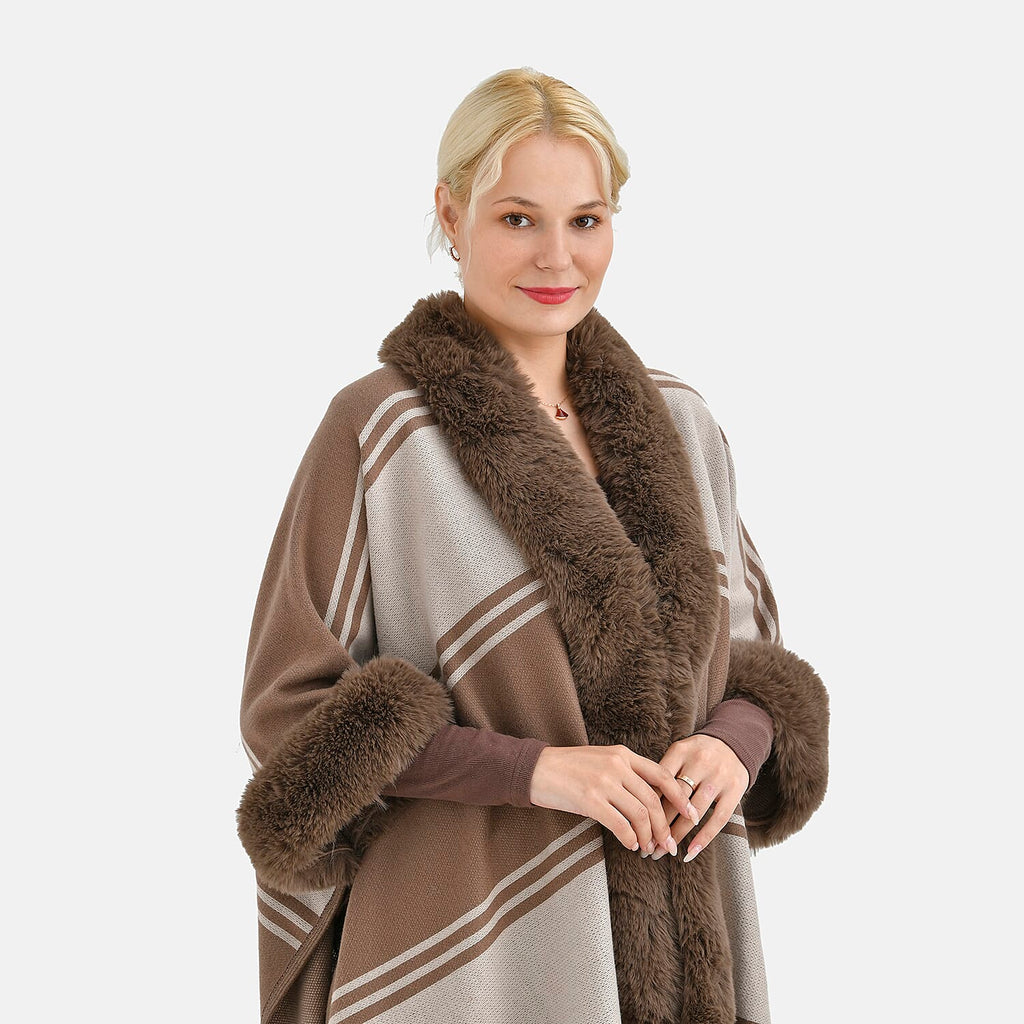 La Marey Faux Fur Trim Striped Poncho (One Size) - Brown - White