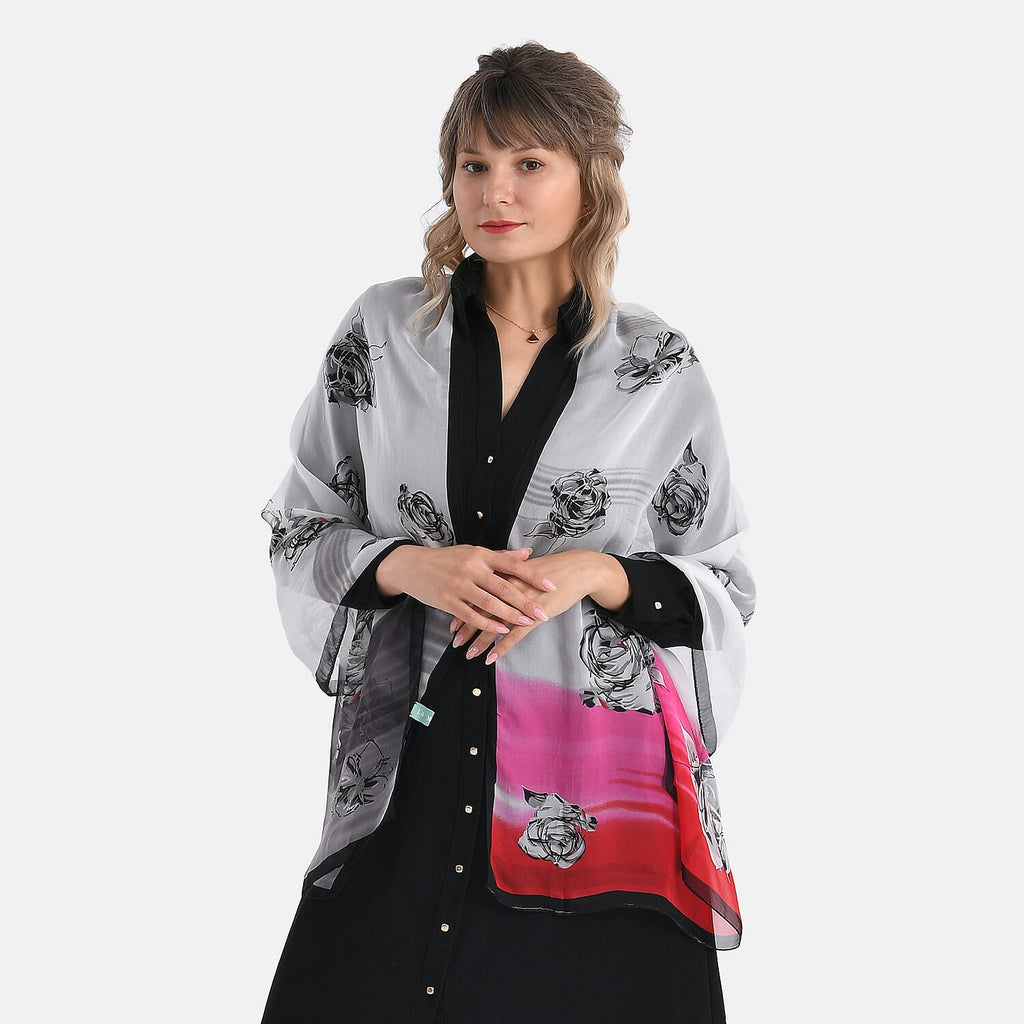 La Marey Floral Motifs Print Mulberry Silk Scarf (Size- 175x65cm) - Black, Pink & White