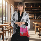 La Marey Floral Motifs Print Mulberry Silk Scarf (Size- 175x65cm) - Black, Pink & White