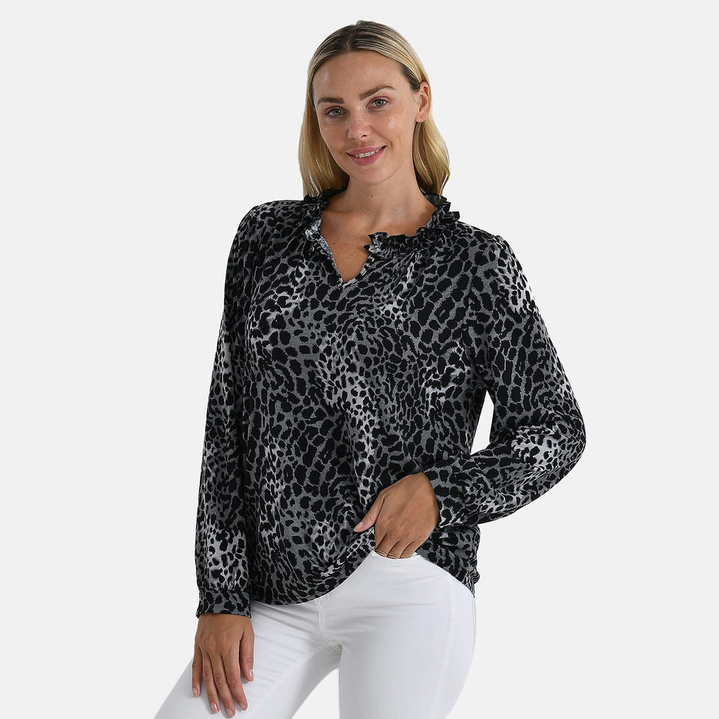 La Marey Frill Jersey Blouse (Size M, 12 to 14) - Grey & Black