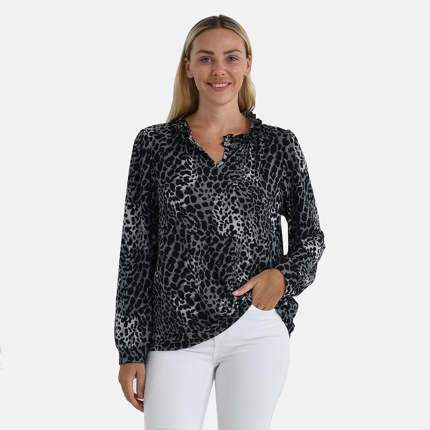 La Marey Frill Jersey Blouse (Size XL, 20 to 22) - Grey & Black